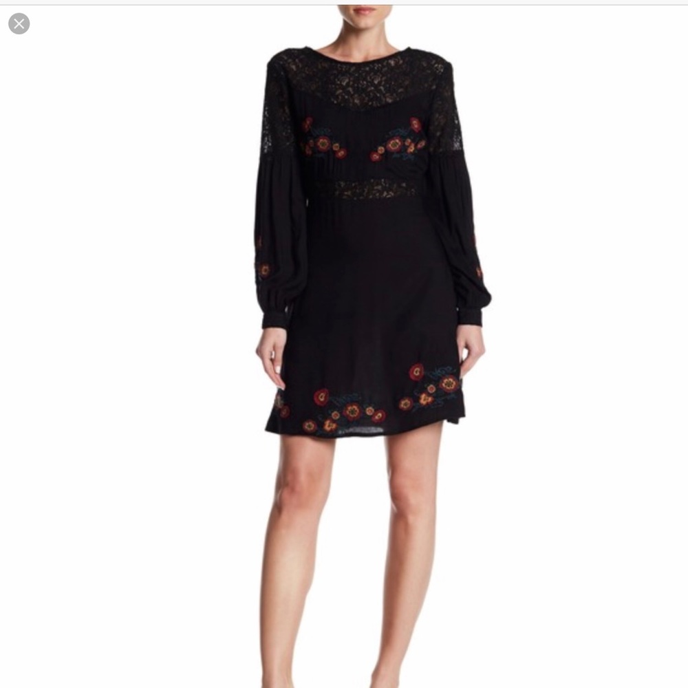 Dax Black Embroidered and Lace Long Sleeve Knee Length Dress sz L …